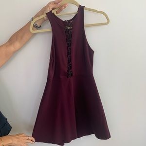 Red/maroon dress with cross cross front detail
